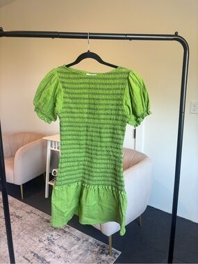 Topshop Lime Green Smocked Puff Sleeve Dress